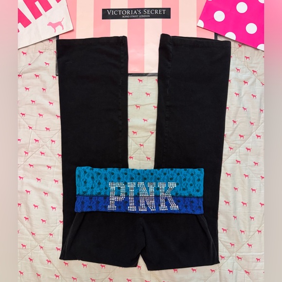 VS PINK VINTAGE Y2K FOLD OVER FLARE YOGA PANTS LEGGINGS POLKA DOT LACE BLING HTF - Picture 1 of 7